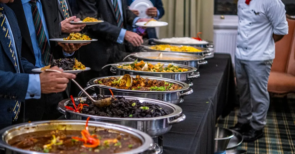 Business professionals in suits enjoy a diverse buffet lunch selection at a formal event
