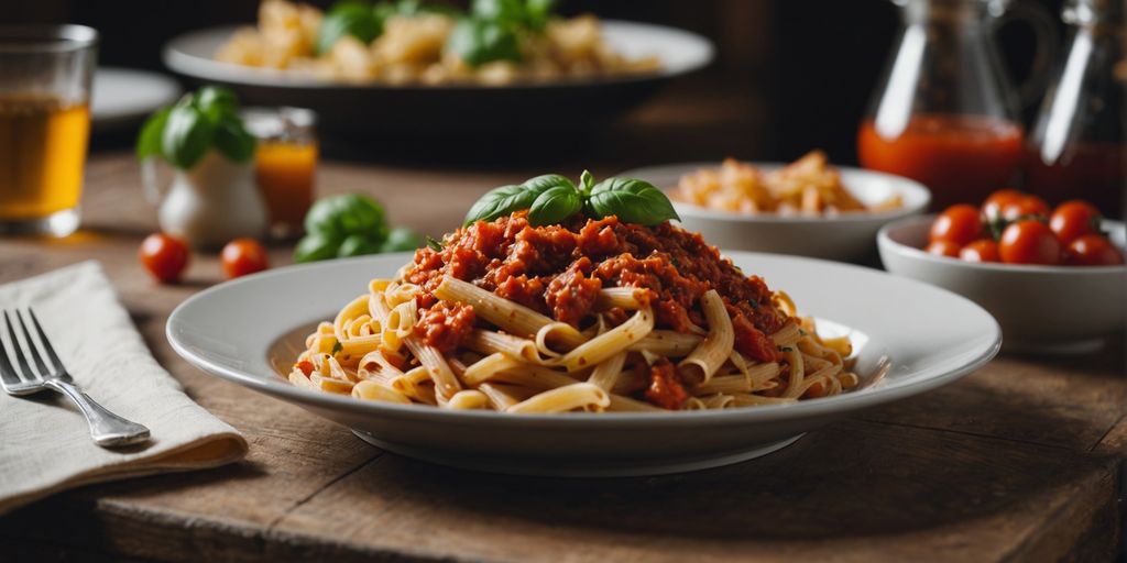 Klassische Pasta mit Tomatensauce auf einem Teller serviert.