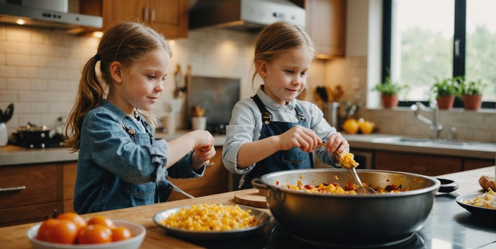 Kinder kochen zusammen in einer bunten Küche.