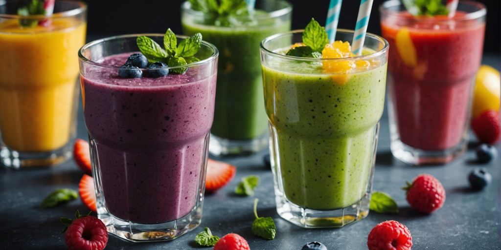 Verschiedene Smoothies mit Früchten und Gemüse
