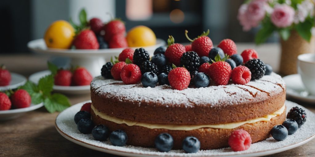 Kuchen mit Beeren und Puderzucker auf einem Holztisch.
