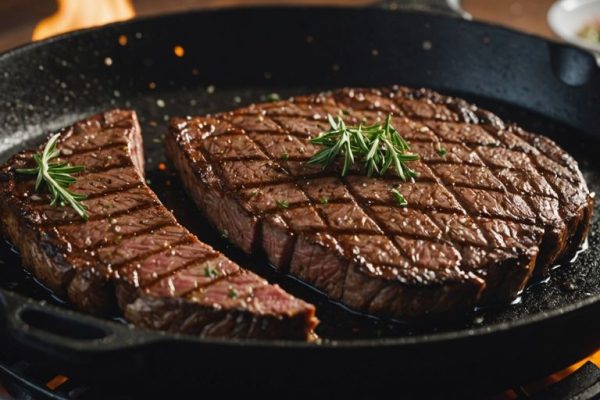 Saftiges Steak in Pfanne, umgeben von frischen Kräutern.