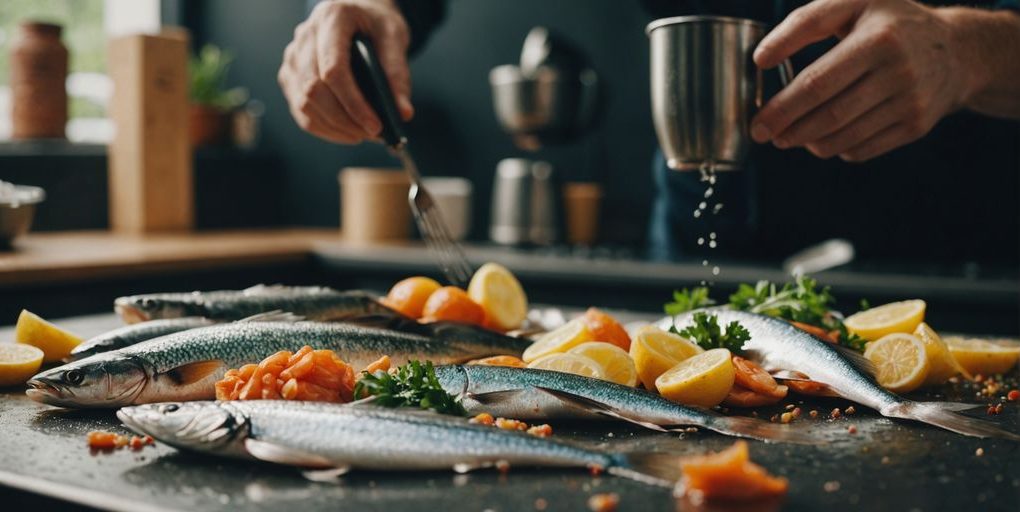 Dampfgarer mit Gemüse und Fisch in moderner Küche