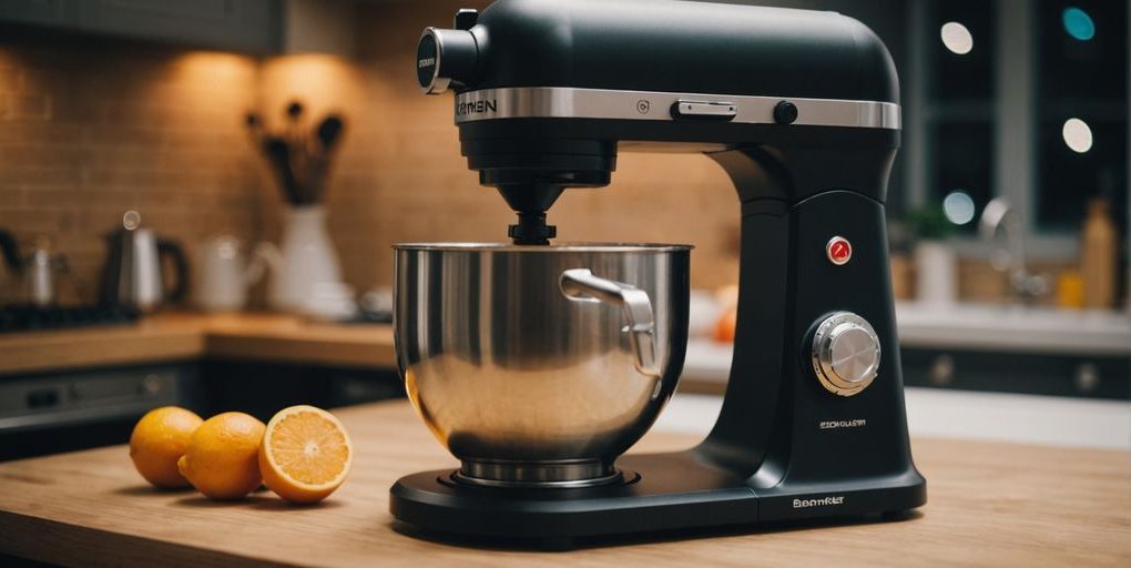 Moderner Standmixer mit Zutaten auf Küchenarbeitsplatte.