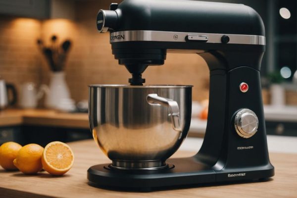 Moderner Standmixer mit Zutaten auf Küchenarbeitsplatte.
